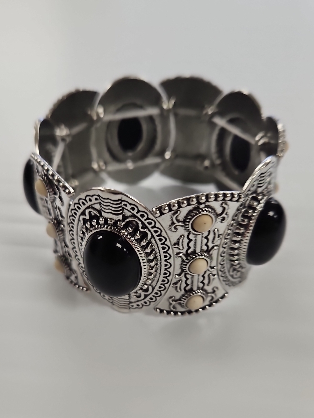 Silver-Tone Black Stone Stretch Bracelet